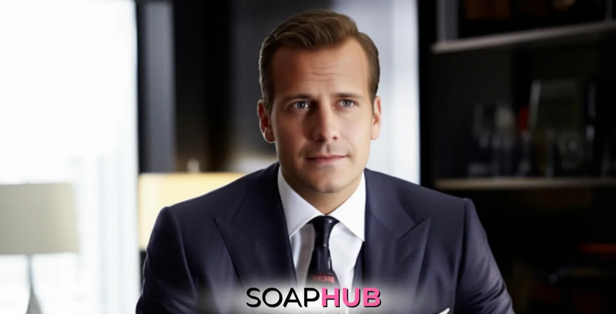 Suits LA Harvey Specter with the Soap Hub logo.