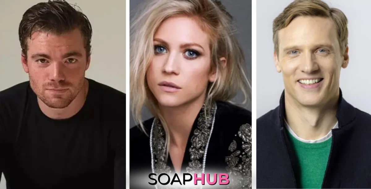 The Night Agent Gabriel Basso, Teddy Sears, and Brittany Snow with the Soap Hub logo.