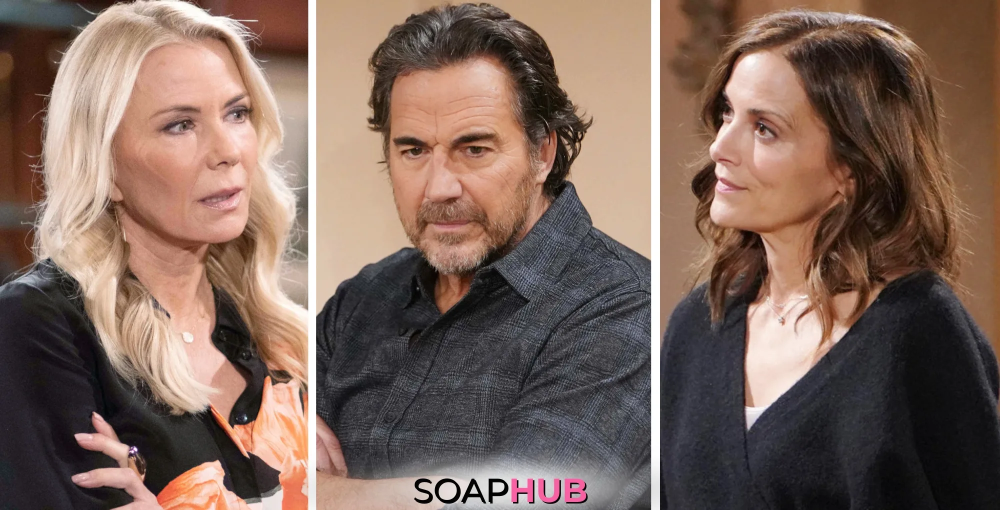 Weekly Bold and the Beautiful Spoilers January 6-10 Feature Brooke, Ridge, and Taylor with the Soap Hub Logo Across the Bottom.