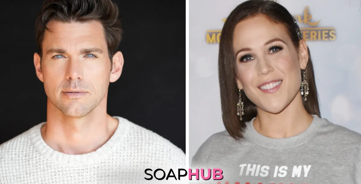 When Calls the Heart Kevin McGarry and Erin Krakow with the Soap Hub logo.