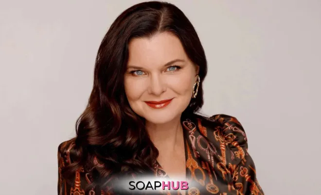 Bold and the Beautiful Heather Tom with the Soap Hub logo.