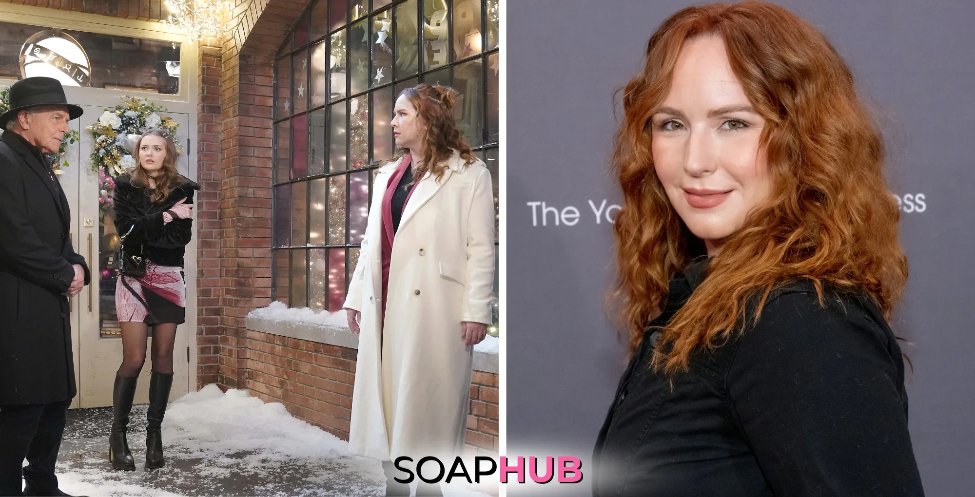 Young and the Restless Ian, Faith, and Mariah, and Camryn Grimes with the Soap Hub logo.