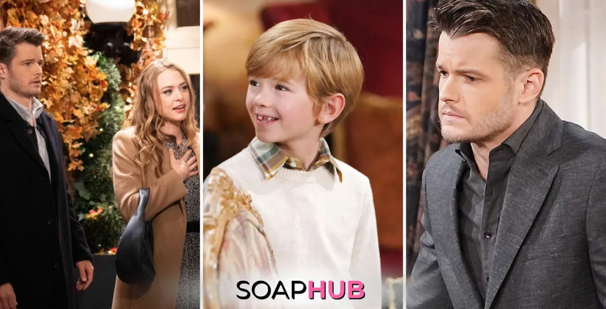 Young and the Restless Kyle, Claire, and Harrison with the Soap Hub logo.