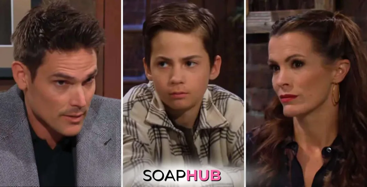 Young and the Restless January 13 Adam, Connor, and Chelsea with the Soap Hub logo.