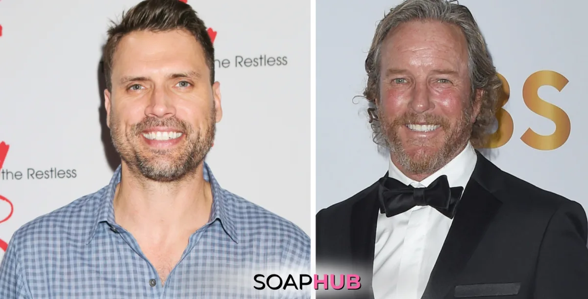 Young and the Resetless Joshua Morrow and Linden Ashby with the Soap Hub logo.