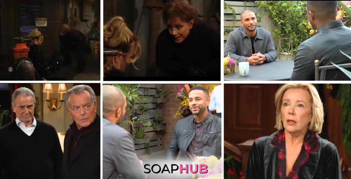 The Bold and the Beautiful characters Sharon, Jordan, Damian, Nate, Victor, Ian, and Nikki; with the Soap Hub logo.