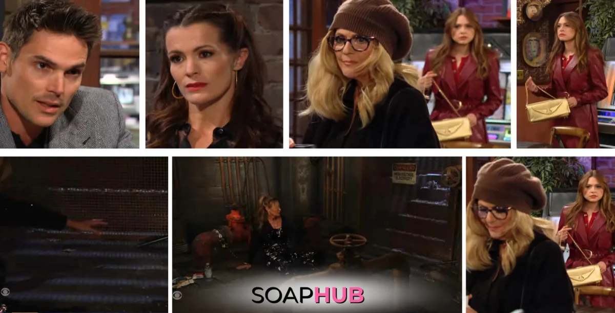 The Young and the Restless characters Adam, Chelsea, Jordan, Claire, and Sharon; with the Soap Hub logo.