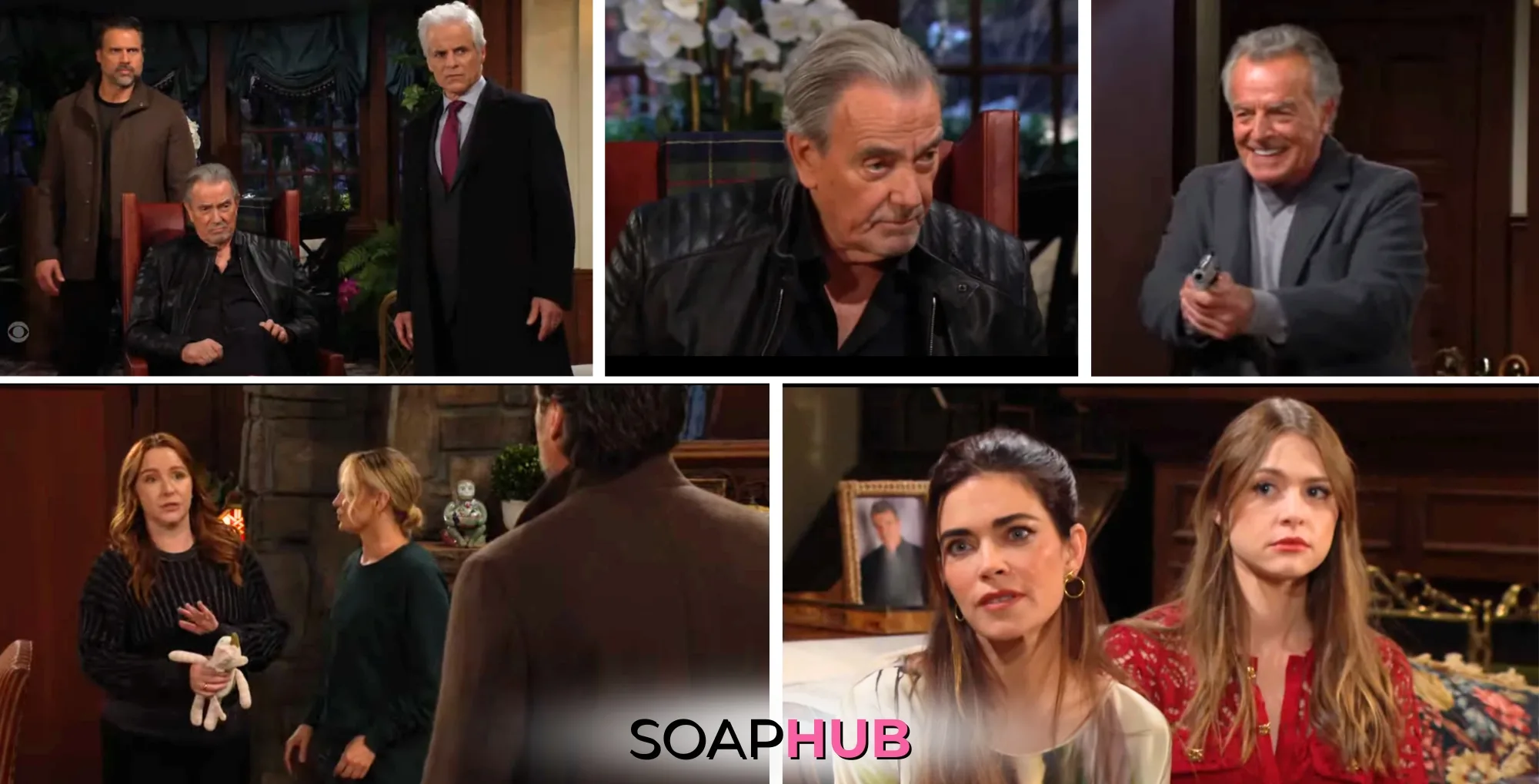 The Young and the Restless characters Nick, Victor, Michael, Ian, Mariah, Sharon, Victoria, and Claire; with the Soap Hub logo.