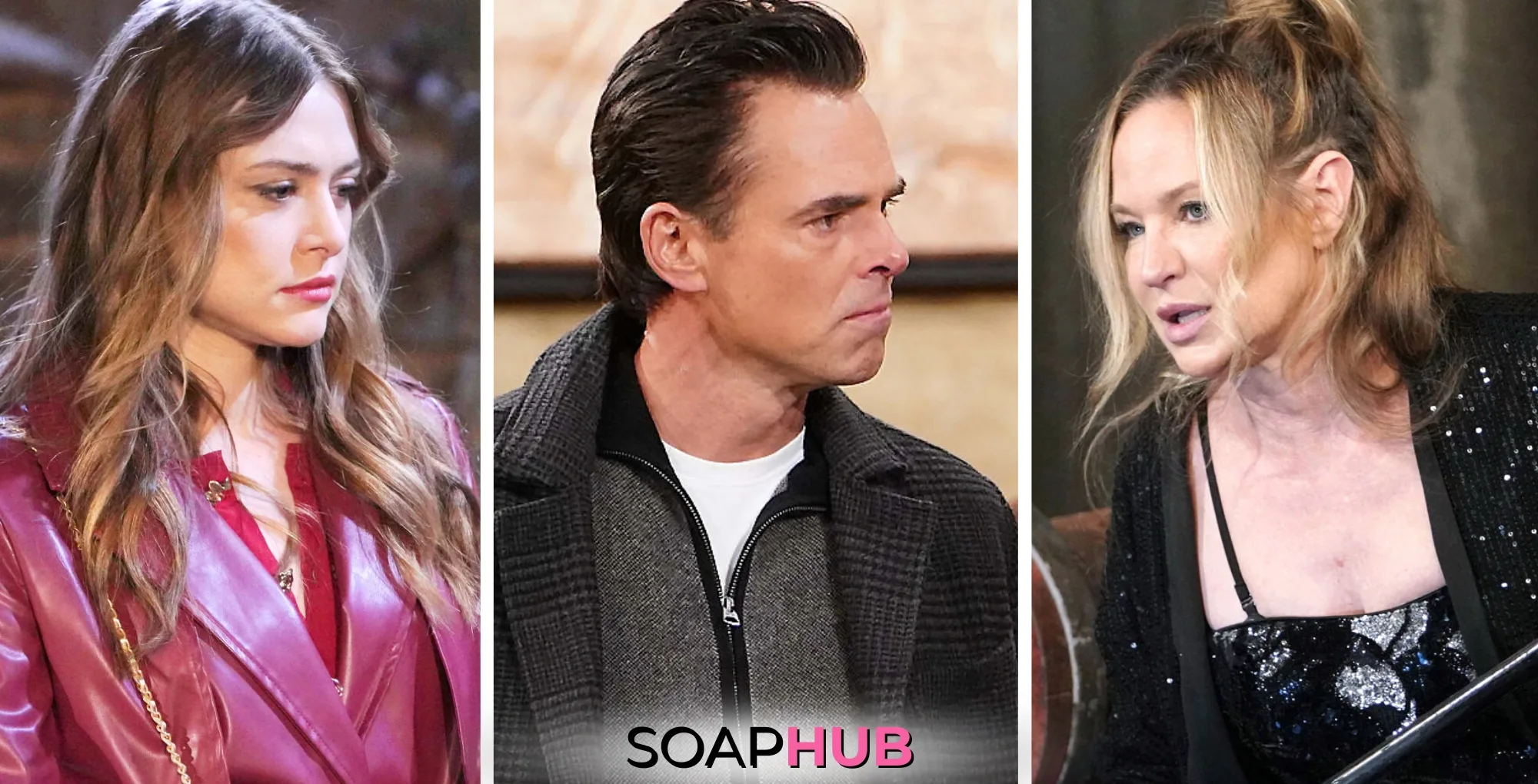 Young and the Restless spoilers weekly update January 20-24 Claire, Billy, and Sharon with the Soap Hub logo.