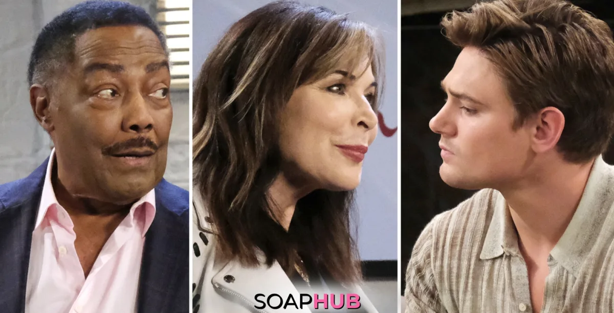 Days Of Our Lives Spoilers for the week of February 10-14, 2025, featuring Body & Soul's crew Abe, Kate, and Johnny, with the Soap Hub Logo