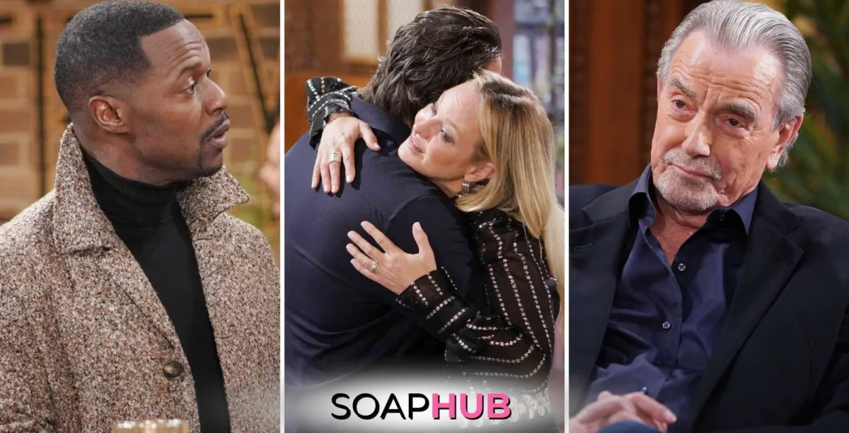 Weekly Young and the Restless Recap February 10-14 Damian, Nick and Sharon, and Victor with the Soap Hub logo.