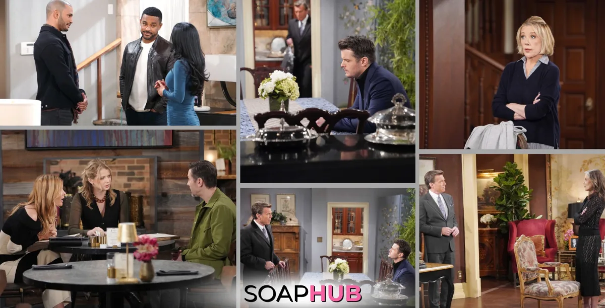 The Young and the Restless characters Victor, Nikki, Jack, Damian, Nate, Daniel Phyllis, Billy; with the Soap Hub logo.