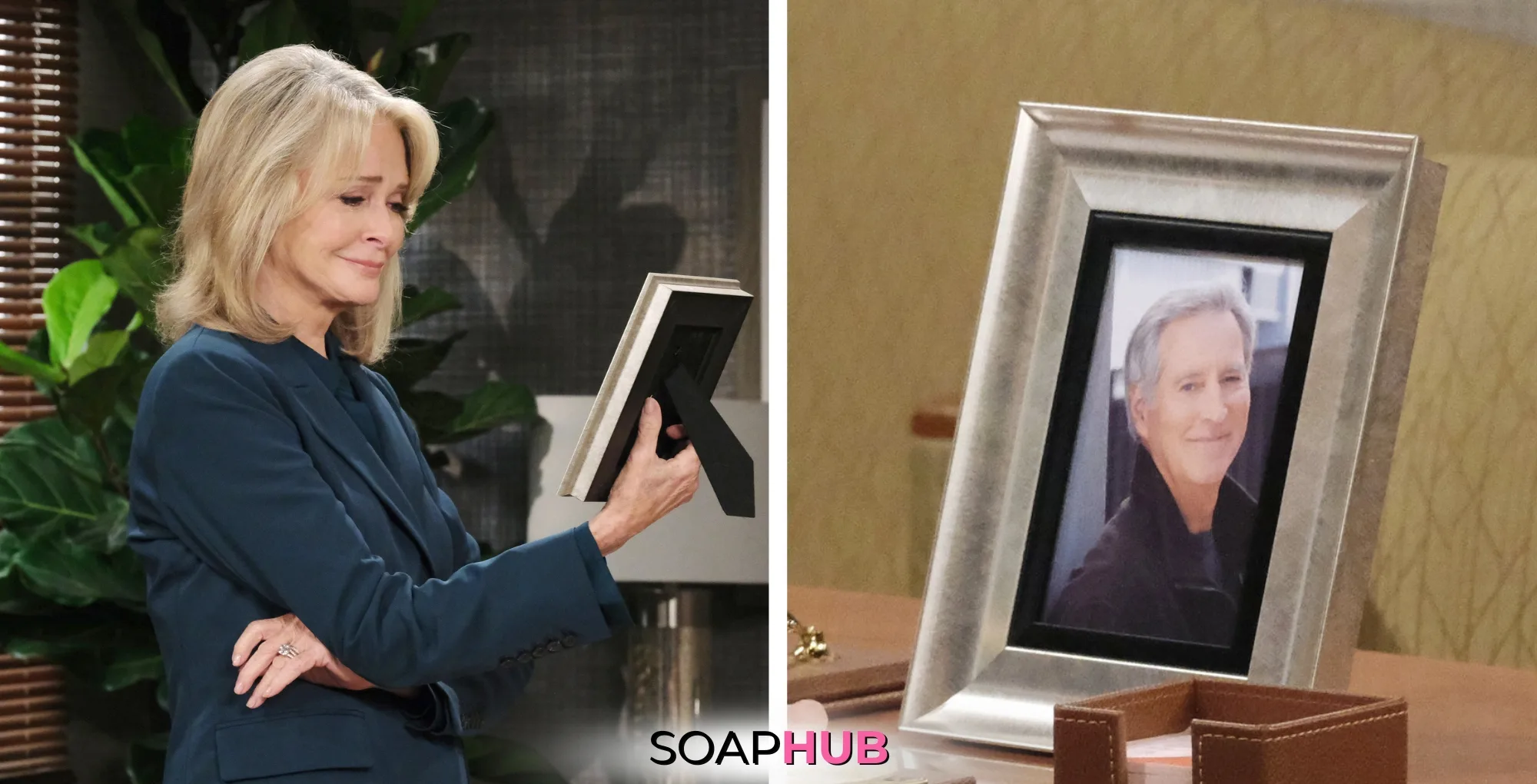 Days of our Lives Spoilers March 7 Marlena with a photo of John and the Soap Hub logo.