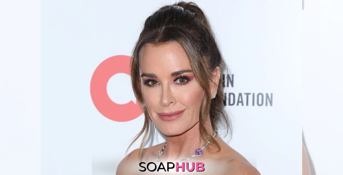 Kyle Richards walk off RHOBH Season 14 reunion with the Soap Hub logo.
