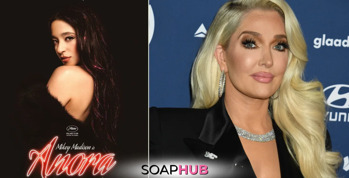 RHOBH Erika Jayne's connection to Anora with the Soap Hub logo.