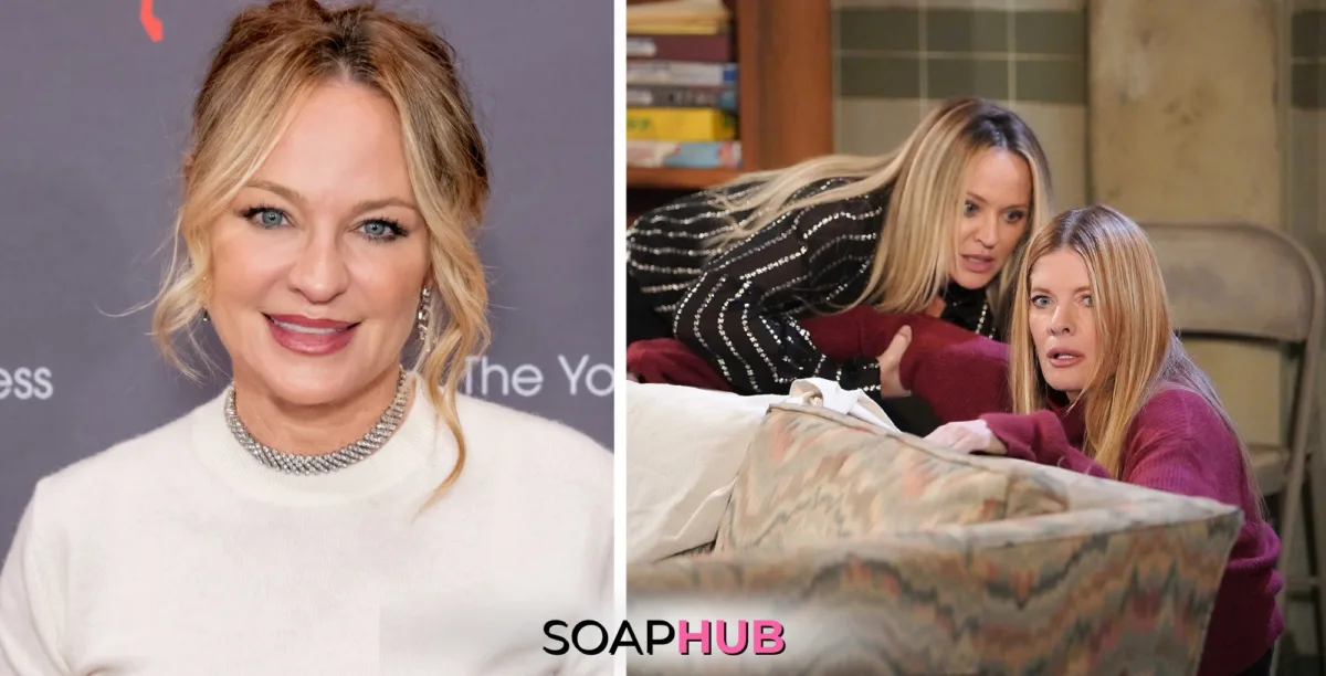 The Young and the Restless actress Sharon Case; and characters Sharon and Phyllis; with the Soap Hub logo.