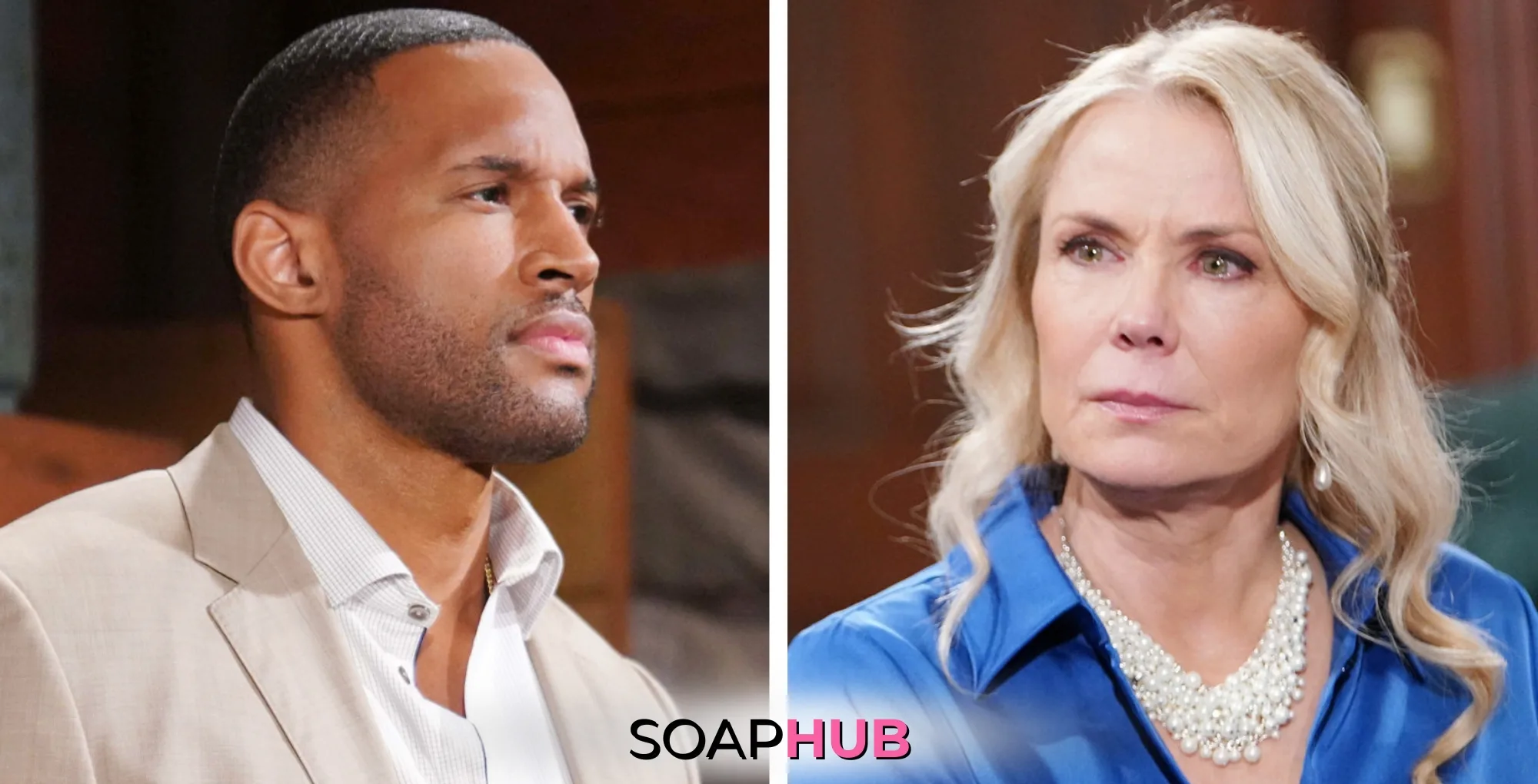 Bold and the Beautiful April 15 Carter and Brooke with the Soap Hub logo.