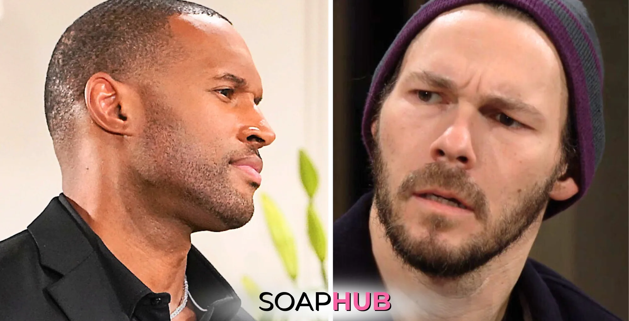 Bold and the Beautiful April 23 Carter and Liam with the Soap Hub logo.