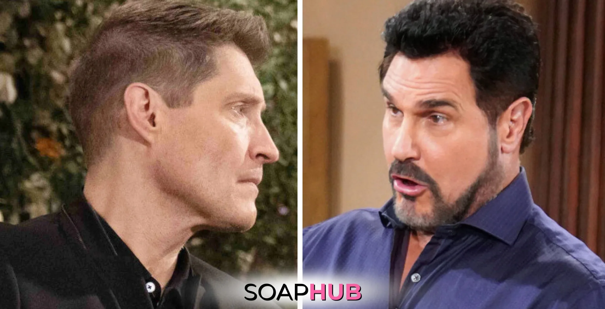 Bold and the Beautiful's Deacon and Bill with the Soap Hub logo.