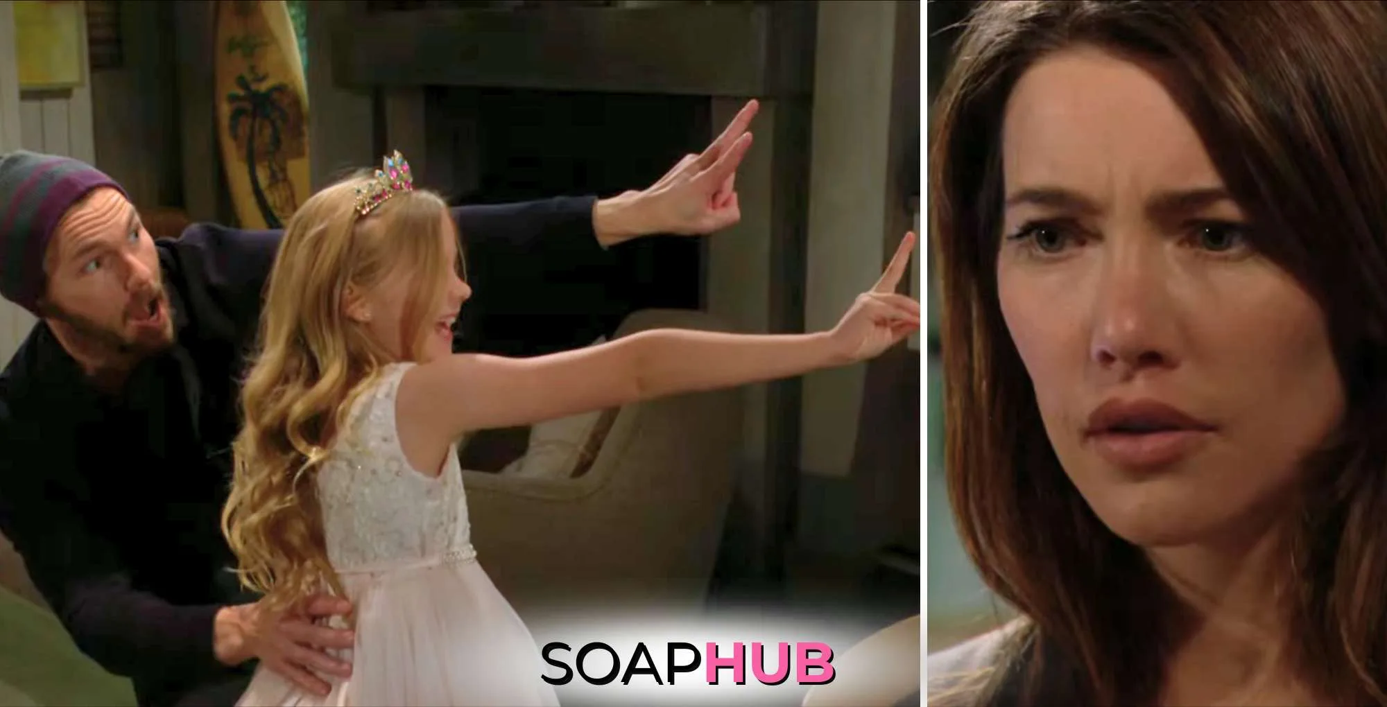 The Bold and the Beautiful April 21 Liam, Kelly, and Steffy with the Soap Hub logo.