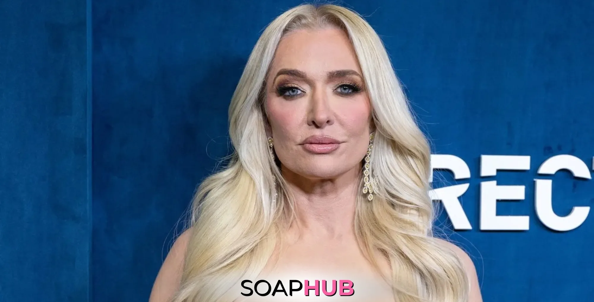 Real Housewives of Beverly Hills Erika Jayne with the Soap Hub logo.