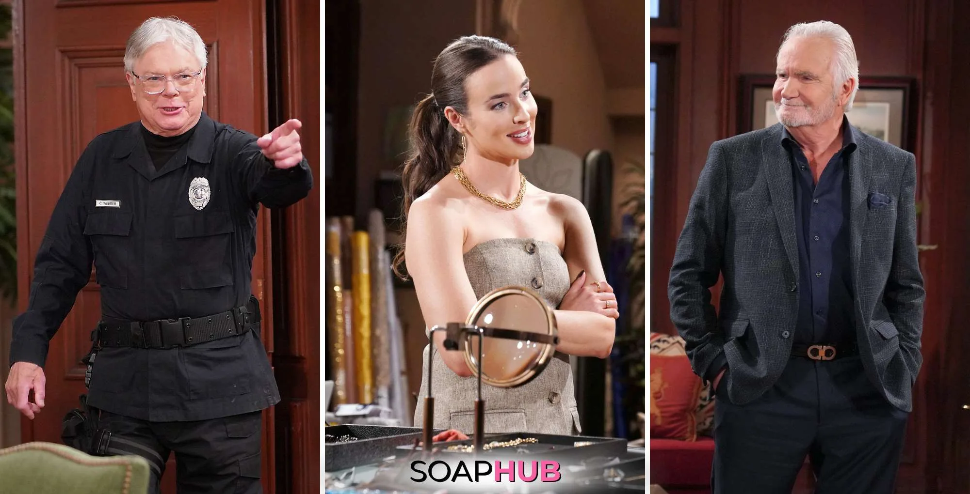 Charlie, Ivy, Eric on Bold and the Beautiful with the SoapHub logo.