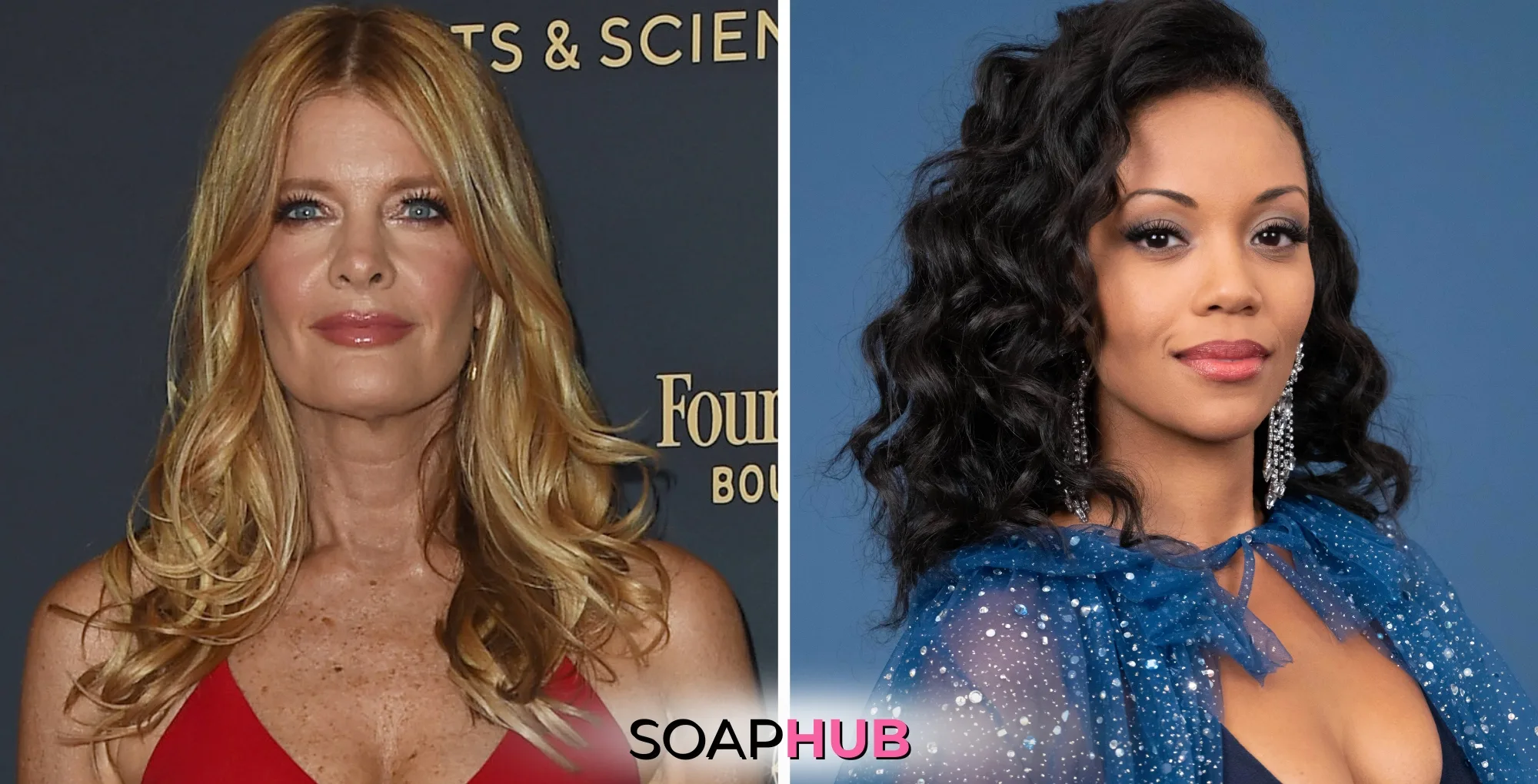 The Young and the Restless stars Michelle Stafford and Mishael Morgan; with the Soap Hub logo.