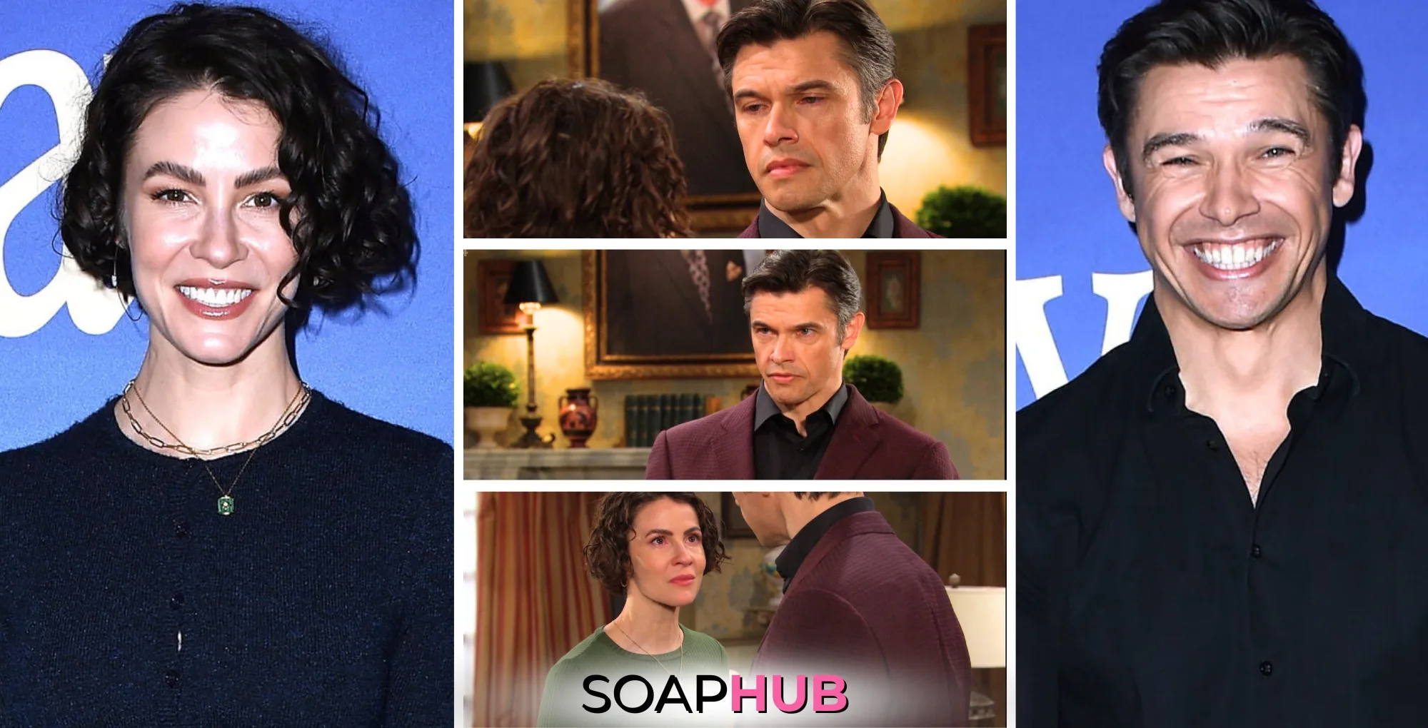 Linsey Godfrey and Paul Telfer and their, Days of Our Lives characters, Sarah and Xander, with the Soap Hub logo