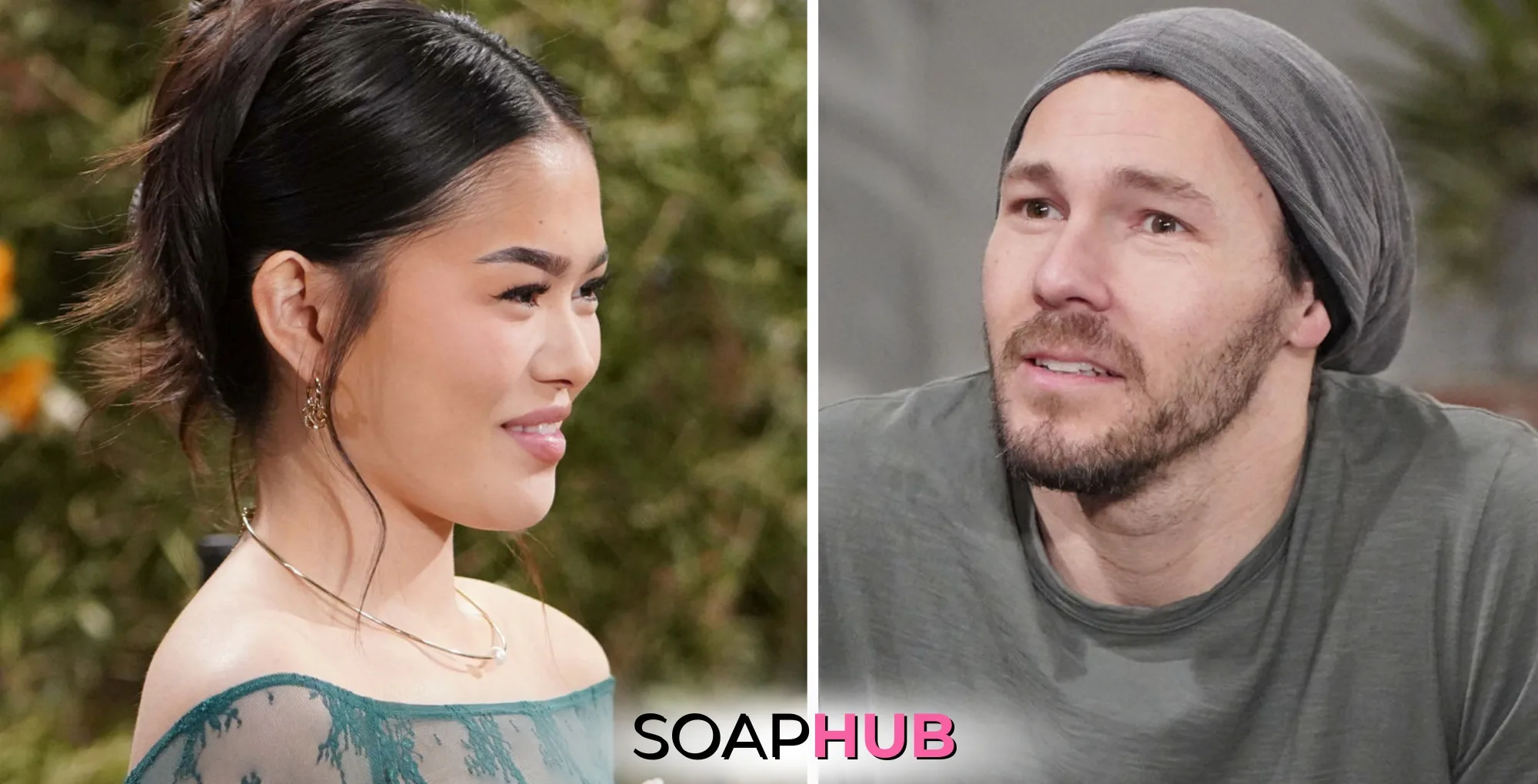 The Bold and the Beautiful characters Luna and Liam; with the Soap Hub logo.