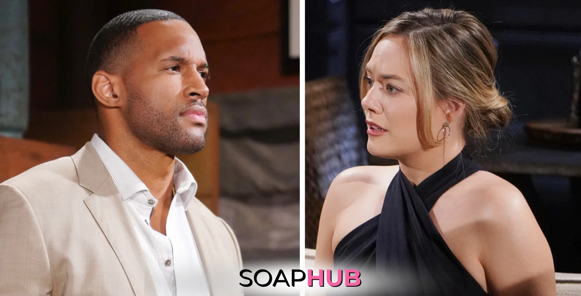 Bold and the Beautiful's Carter and Hope with the Soap Hub logo.