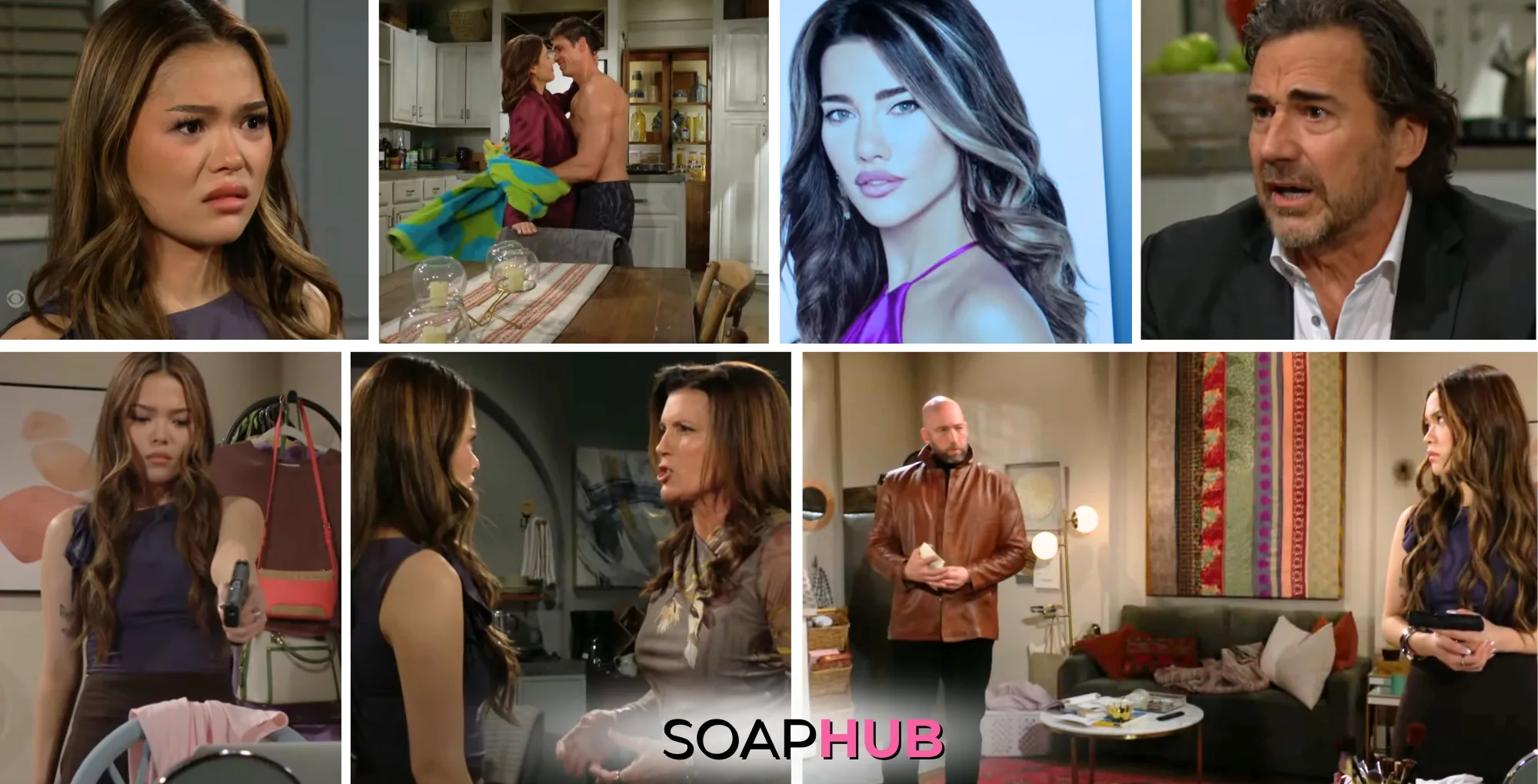 The Bold and the Beautiful characters Luna, Steffy, Ridge, and Sheila; with the Soap Hub logo.