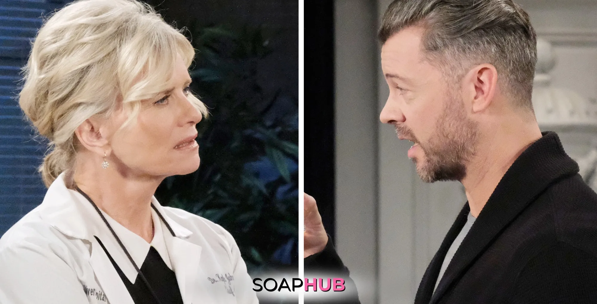 Days of our Lives Spoilers May 7 Kayla and EJ with the Soap Hub logo.