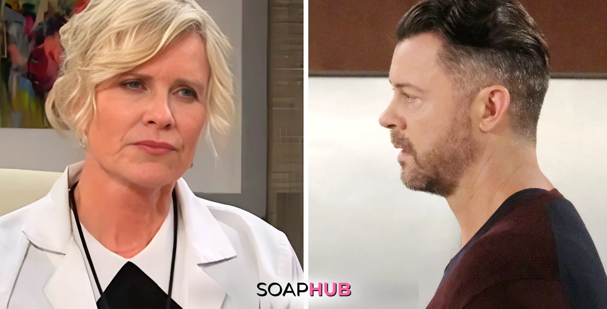 Days of our Lives Spoilers May 8 Kayla and EJ with the Soap Hub logo.