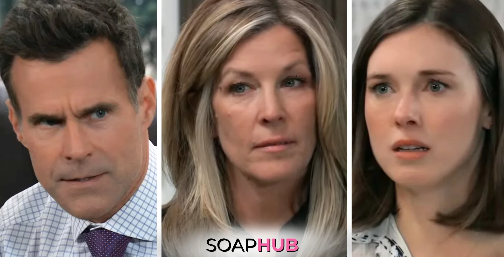 Drew, Carly, and Willow on the May 14, 2025 episode of General Hospital with the Soap Hub logo across the bottom.