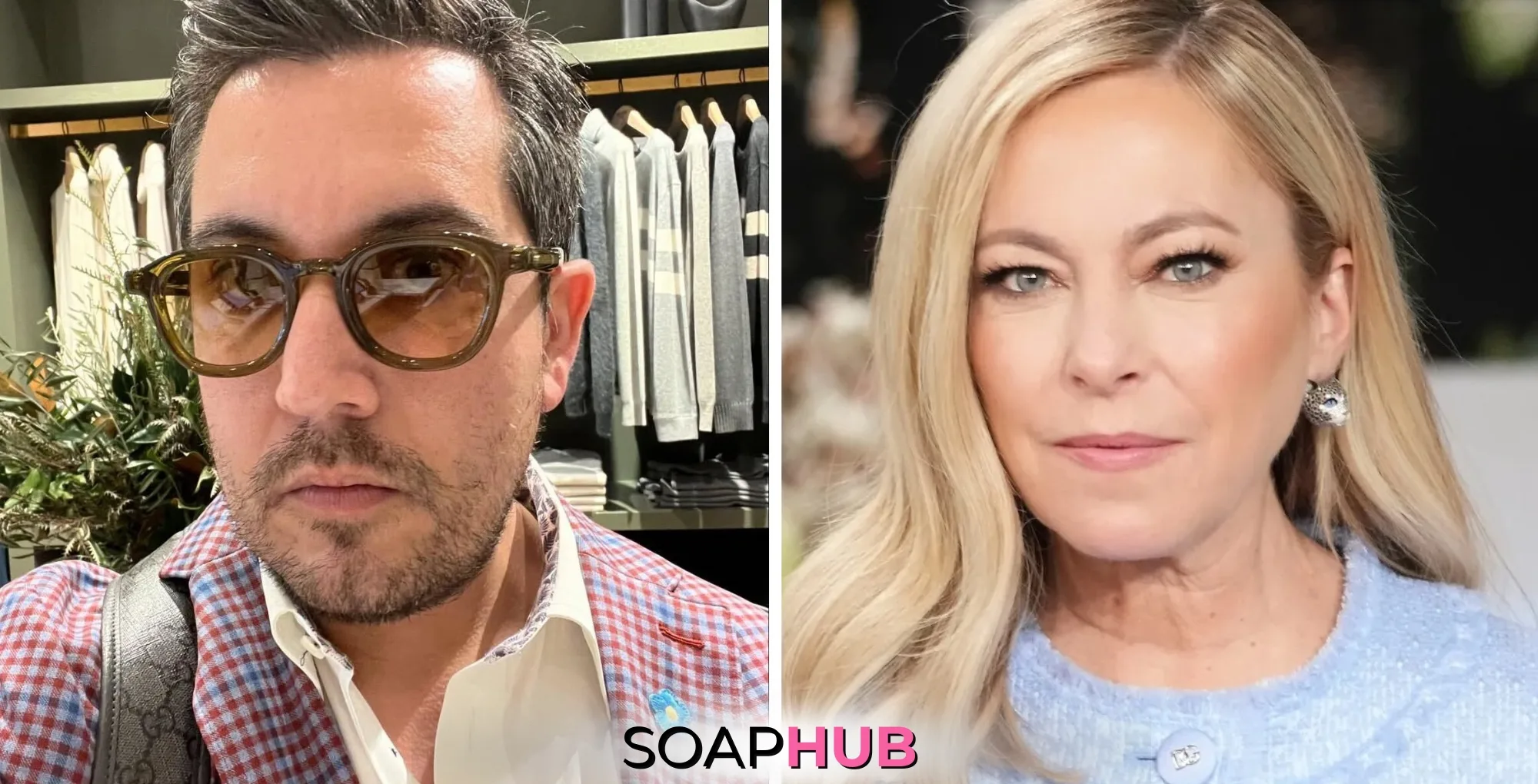 Real Housewives of Beverly Hills Sutton Stracke and Avi Gabay with the Soap Hub logo