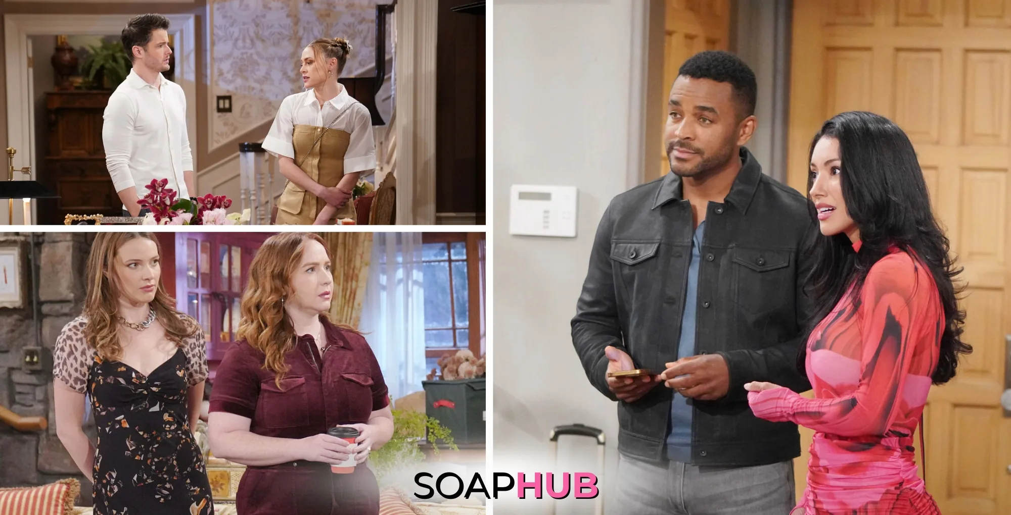 The Young and the Restless couples Kyle and Claire, Tessa and Mariah, and Nate and Audra; with the Soap Hub logo.