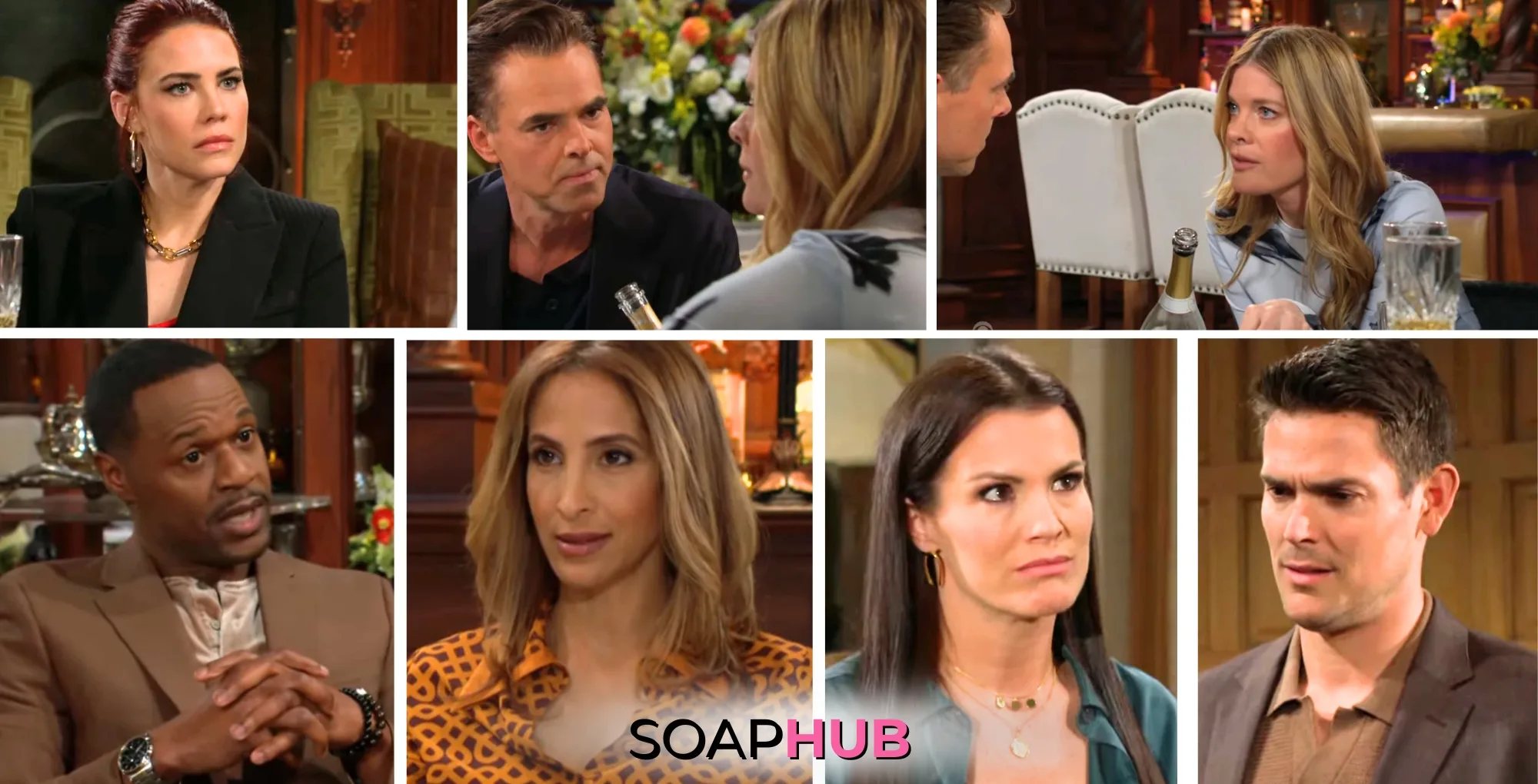 The Young and the Restless characters Sally, Billy, Phyllis, Damian, Lily, Chelsea, and Adam, week of May 5-9, with the Soap Hub logo.