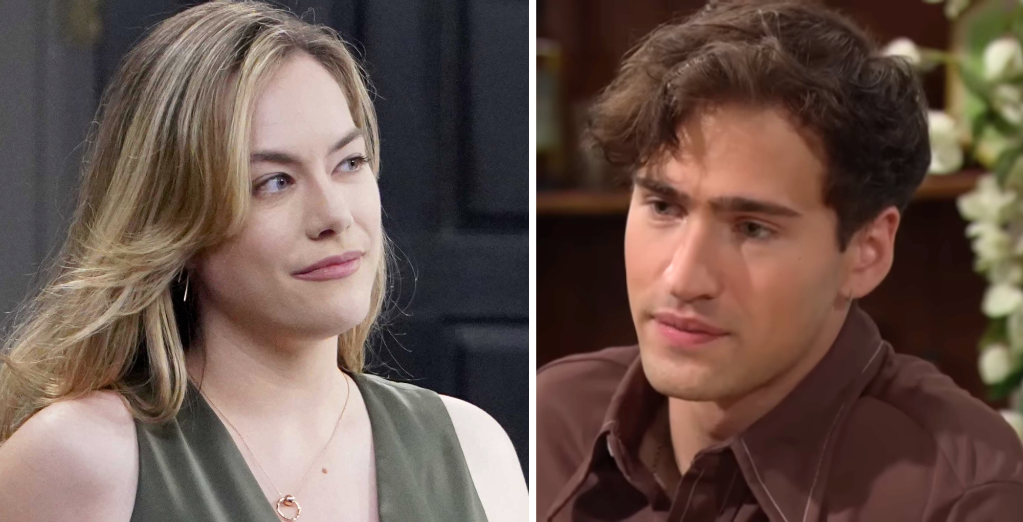 Annika Noelle as Hope Logan in an olive dress. Harrison Cone as Deke Sharpe in a brown shirt. Bold and the Beautiful.