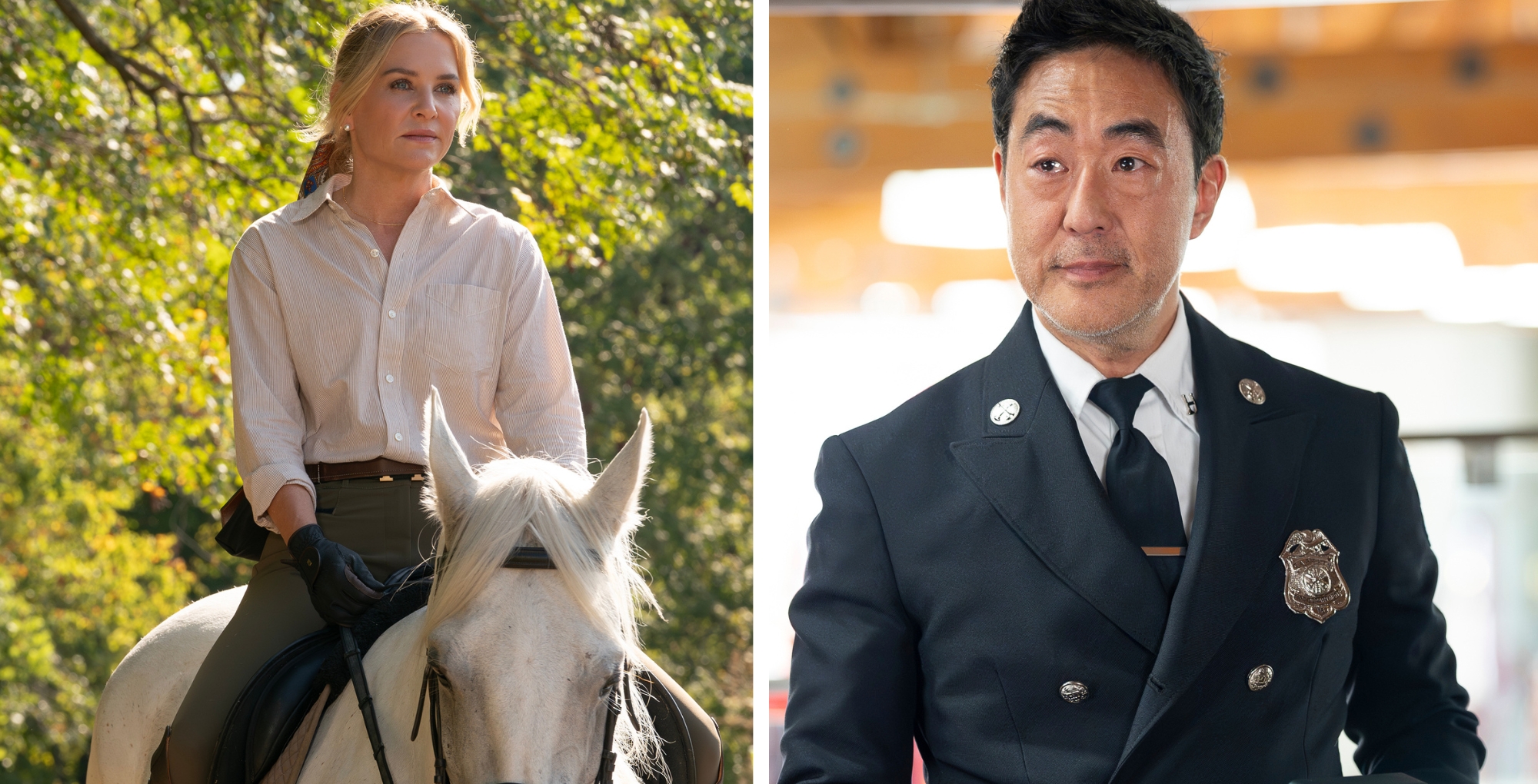 L-R: Jessica Capshaw as Blythe Hart on 9-1-1: Nashville and Kenneth Choi as Howard "Chimney" Han on 9-1-1.