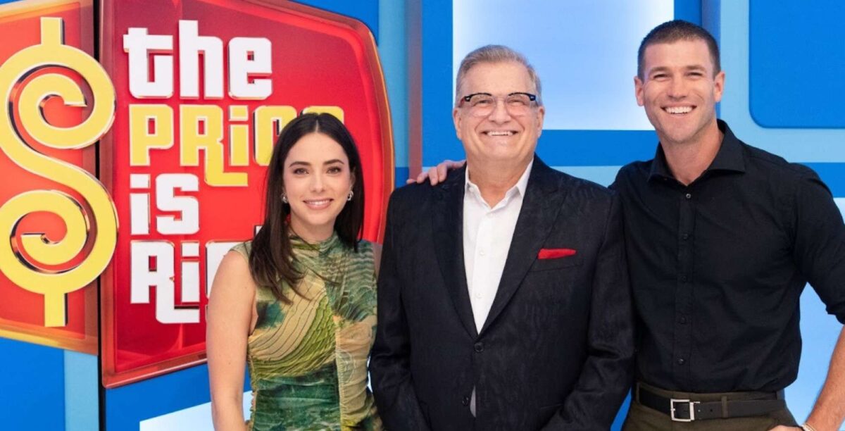 The Price is Right Mariel Molino, Drew Carey, and Austin Stowell.