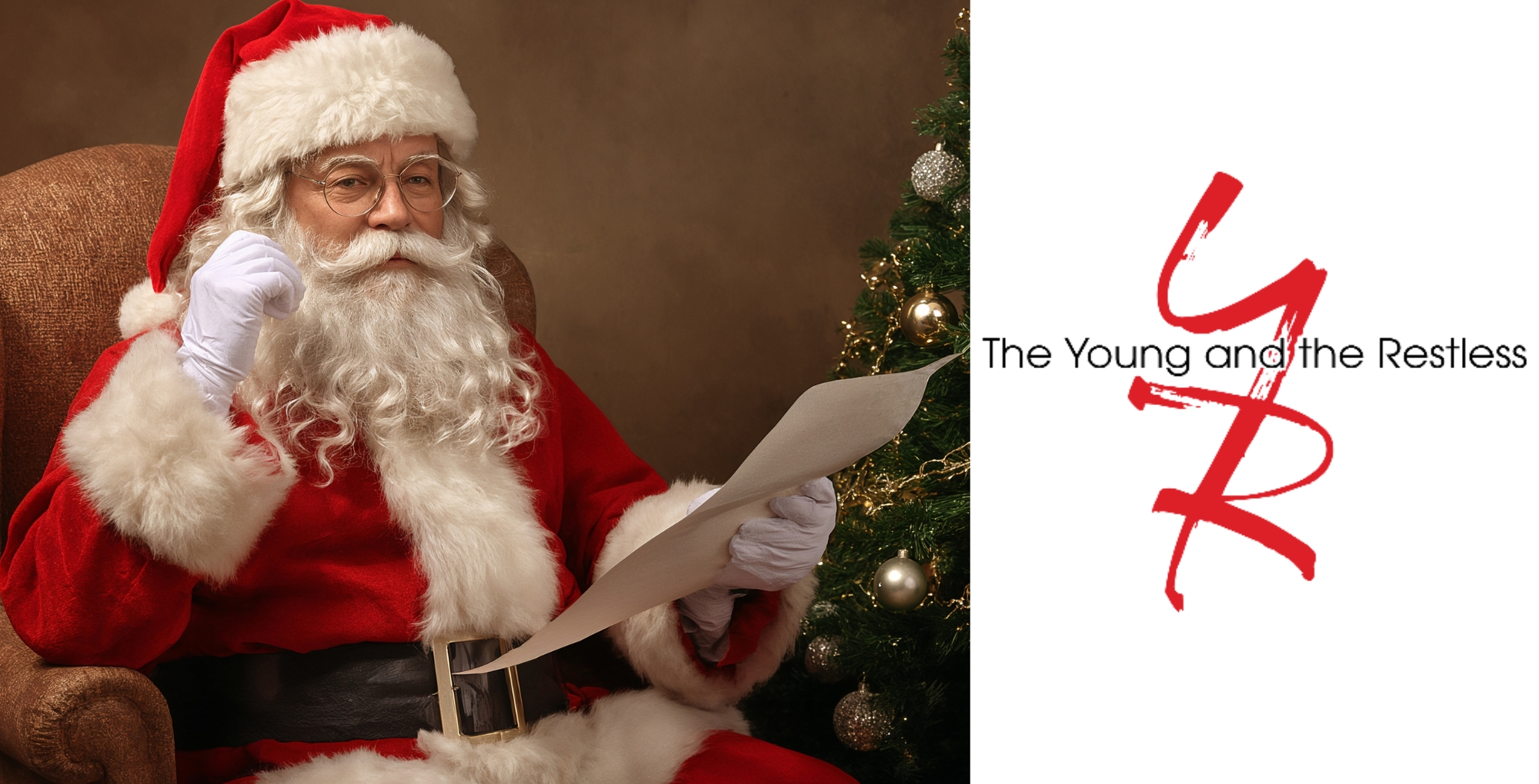 Santa Clause with his naughty and nice list and the Y&R logo.
