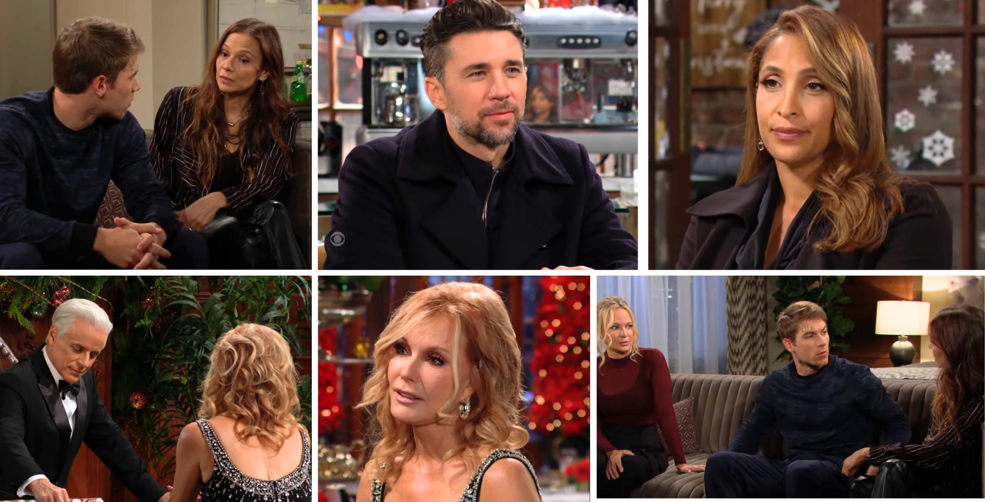 The Young and the Restless characters Noah, Sienna, Sharon, Cane, Lily, Michael, and Lauren.