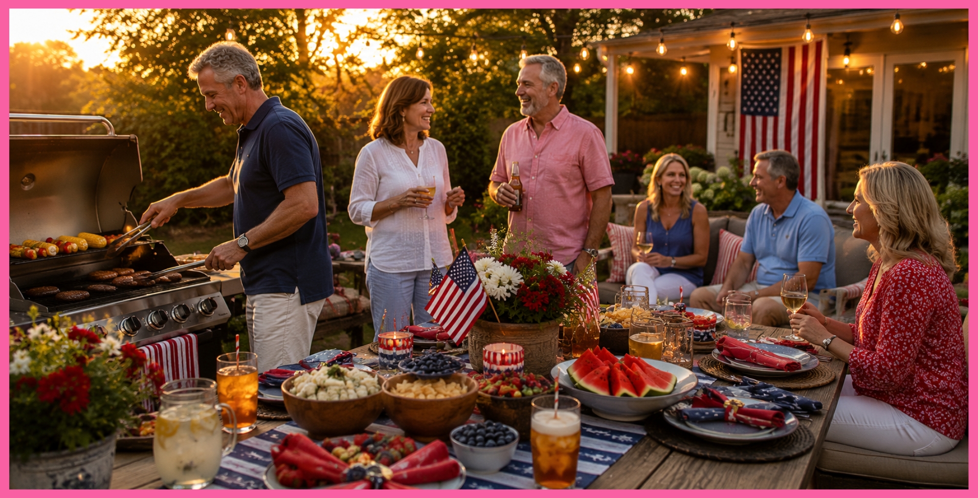 People enjoying a backyard cookout with American flags.