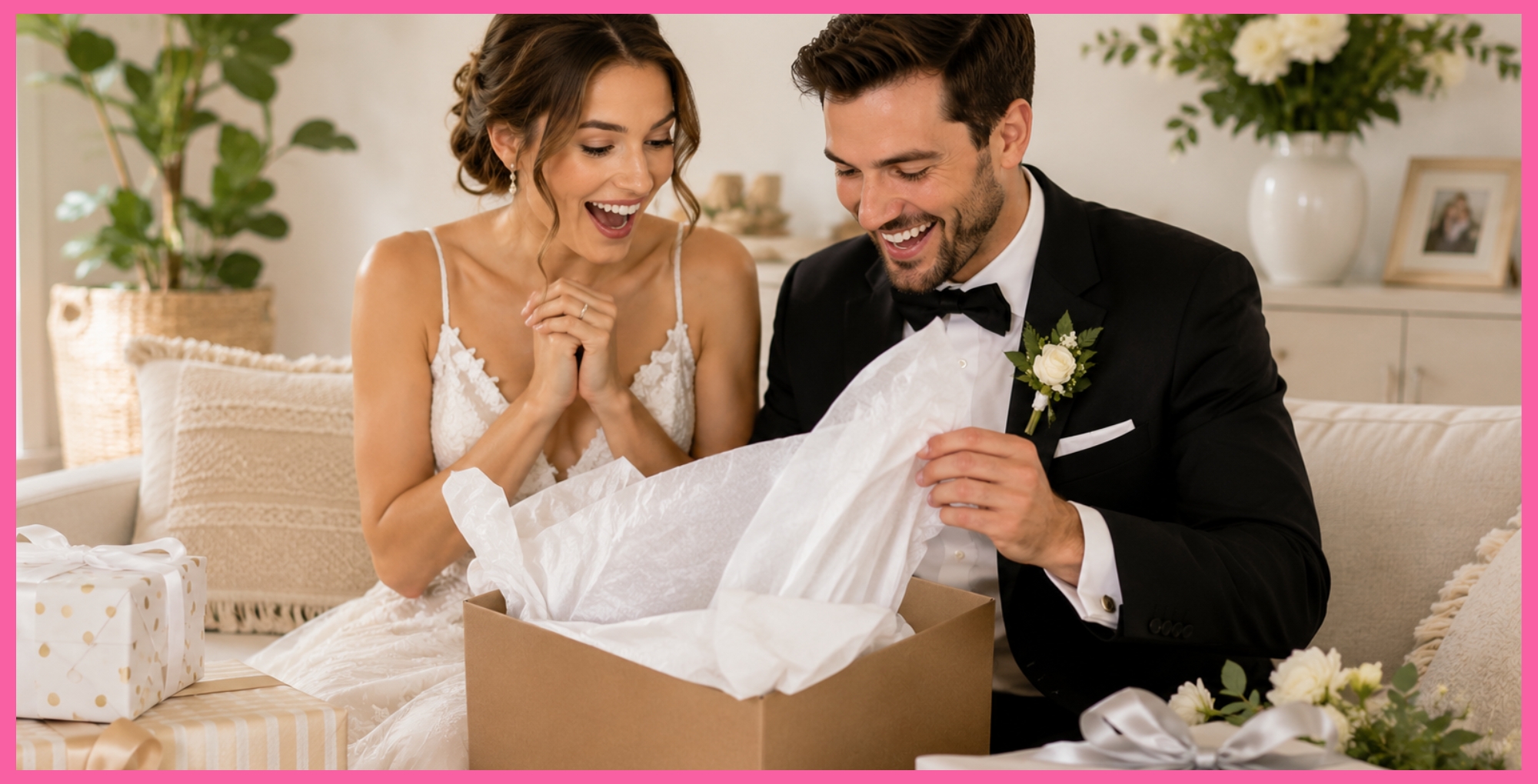 Happy man and woman opening a wedding gift.