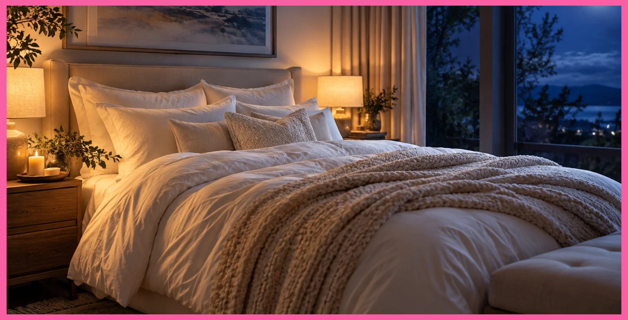 A bedroom scene with calming colors.